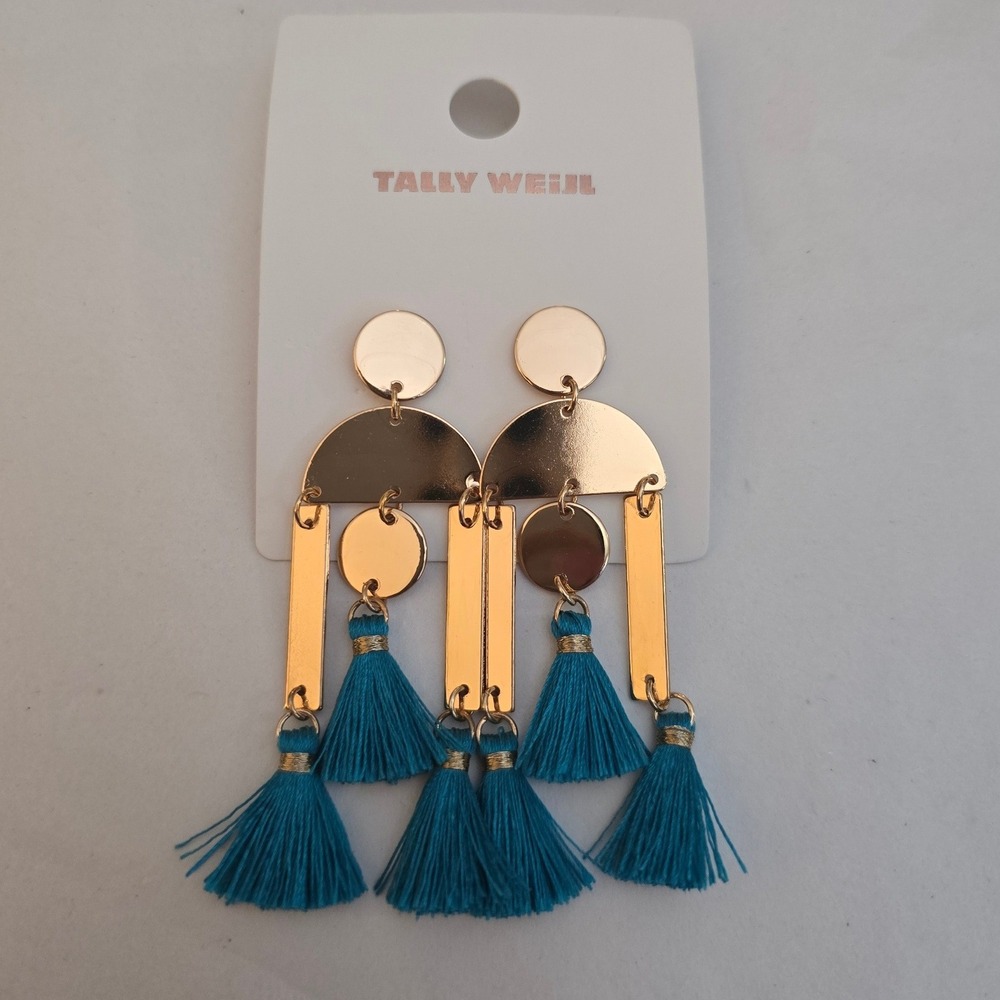 Gold Tone Teal Blue Tassel Drop Statement Earrings Boho whimsical  indie